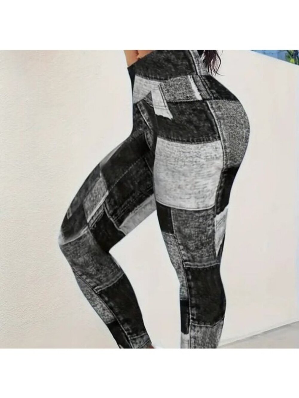 Black Denim blend Patchwork Plus Size 3X 4X 5X High Waisted Tummy Control Leggi